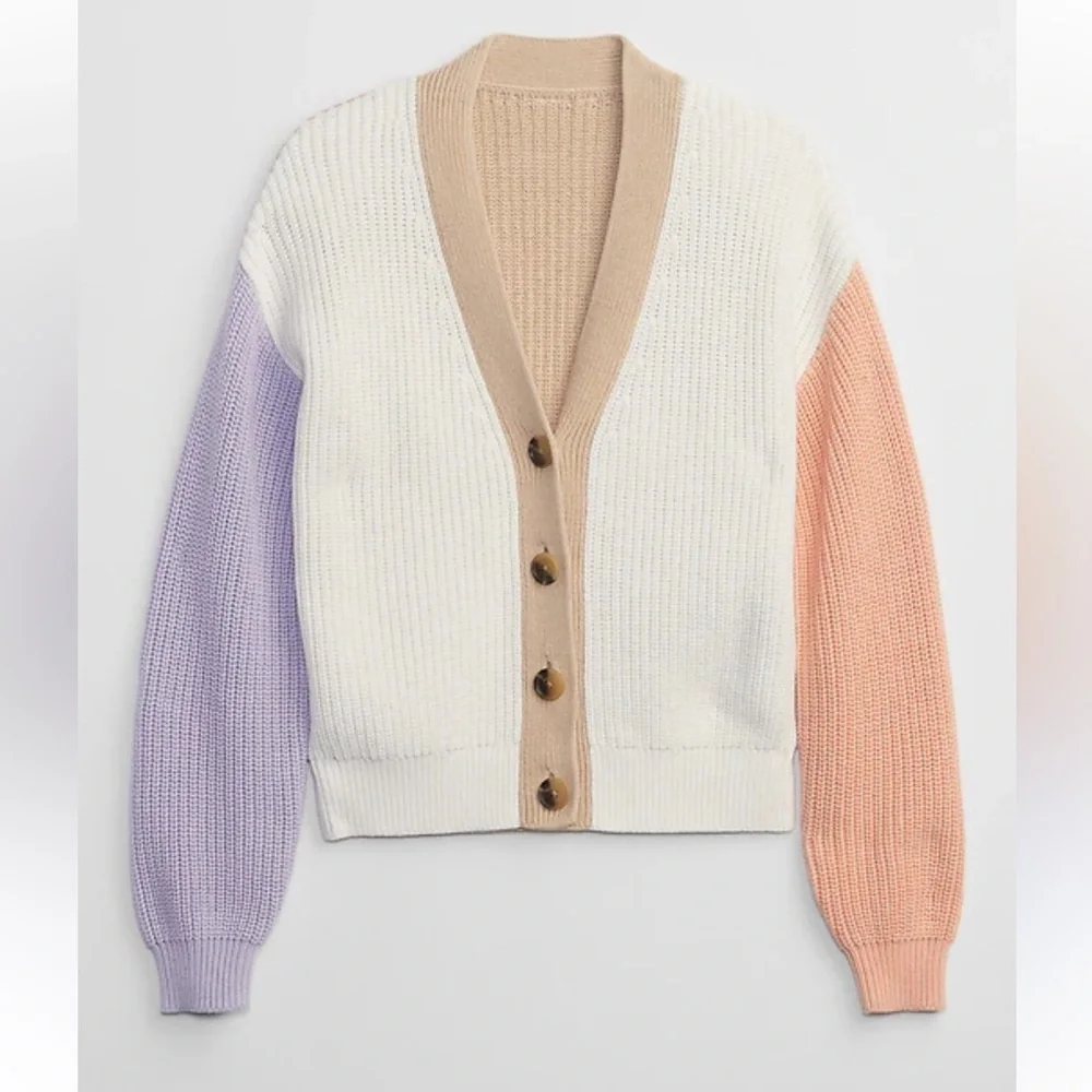 GAP Colorblock V-Neck Button Cardigan — Cream, Lavender & Peach 100% cotton - Picture 1 of 5